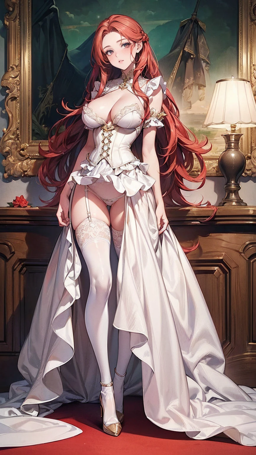 (masterpiece, Highest quality, Highest quality, Official Art, beautifully、aesthetic:1.2), (, Highest quality, masterpiece:1.2), Very long hair, whole body, (Large Breasts:1.2), Very long hair, White knee socks, High heels, (Long dress:1.4), corset, garter belt, Redhead, Tall Girl, -yeld gi