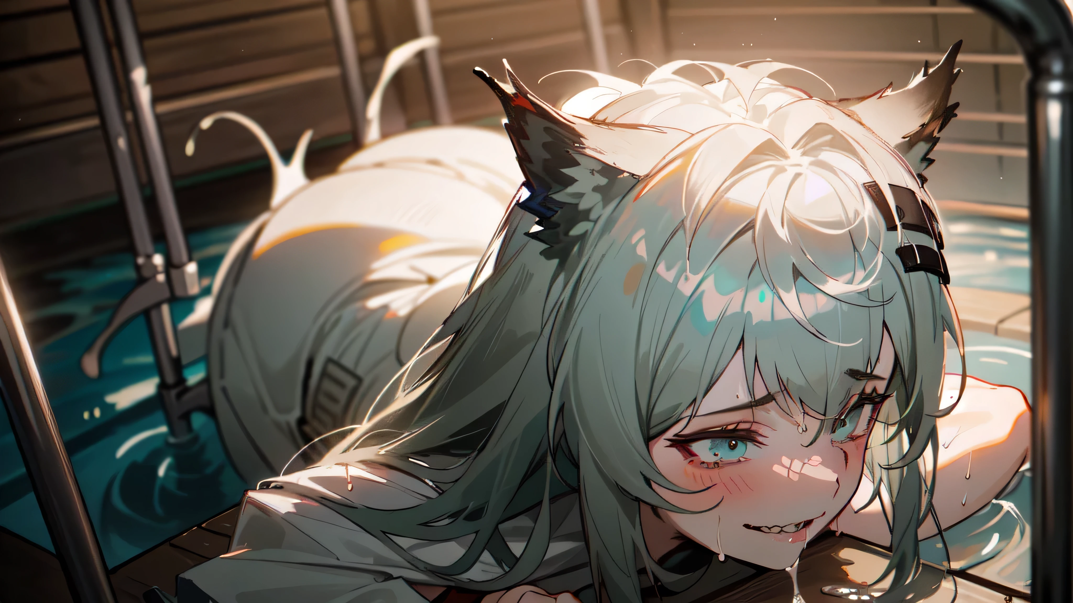 ((Highest quality)), ((masterpiece)), ((detailed)),(Browsing Caution){{nsfw}} ((delicate)) (Beauty)Wet and see-through Hot and glowing skin (Sujiman) Arknights (a girl) (Very foul smelling and dirty) ((semen huge pool)) (((fuck of big insect)))(((unsanitary hut)))(Constraints)(handcuffs)(((Iron bars)))(Breeding sex)(fucked Smile) ((White turbid liquid))