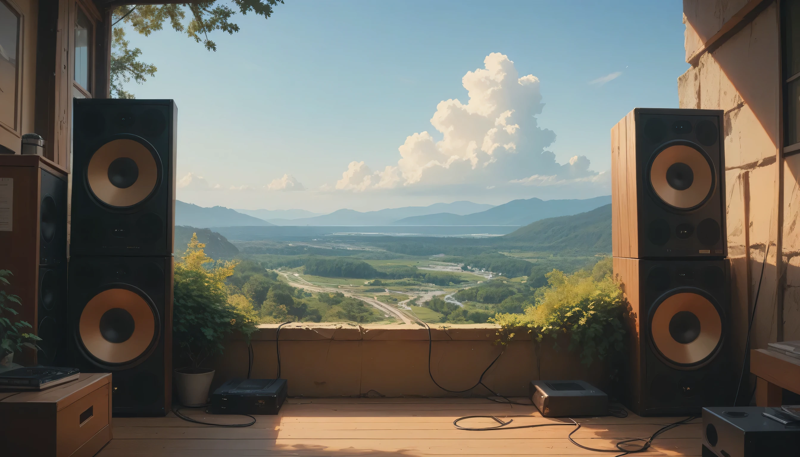 create an image with speakers playing, scenery only