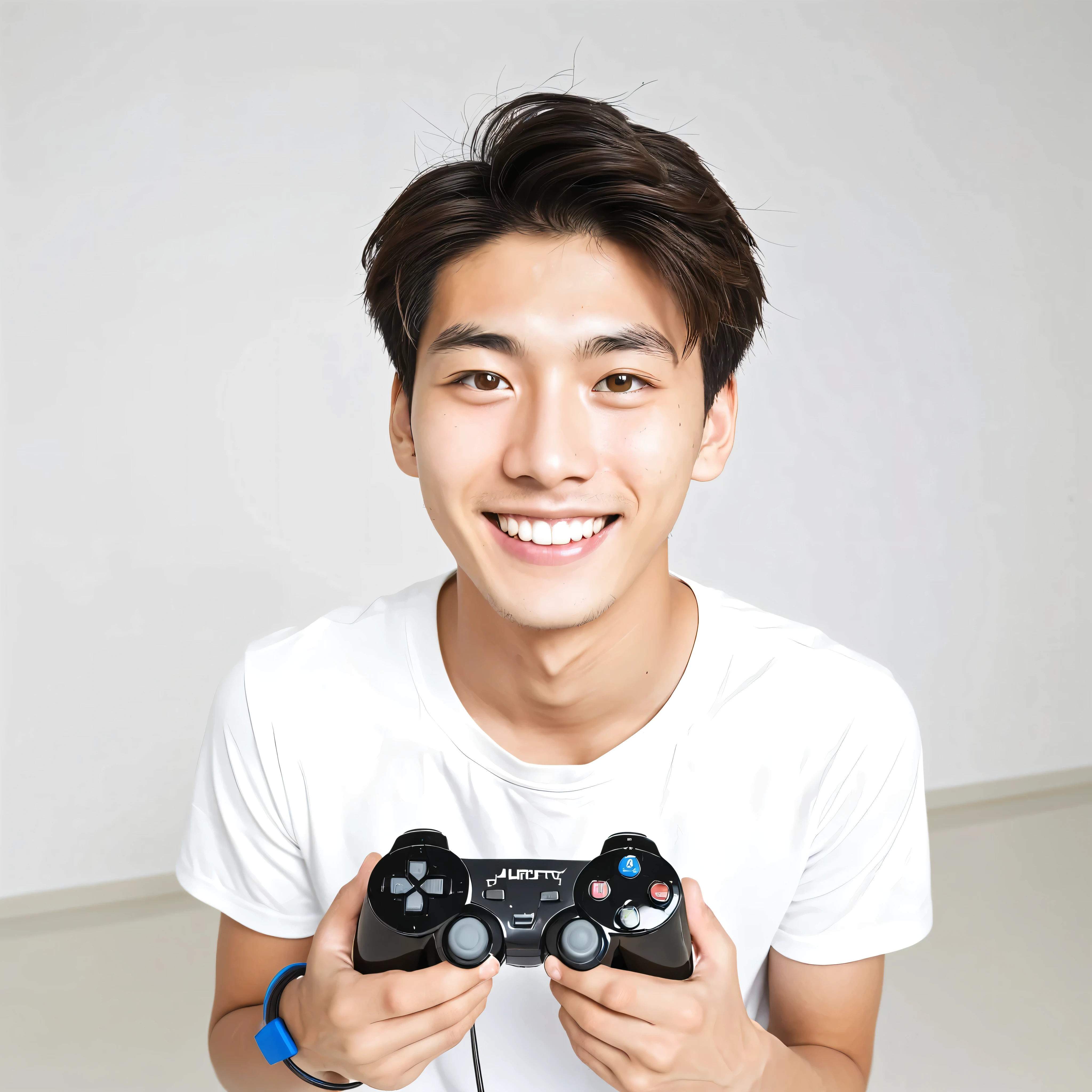 male　youth　university student　Japanese　japanese　 A refreshing look　holding a game controller in hand　looking at the camera　smile　Wide angle　White background