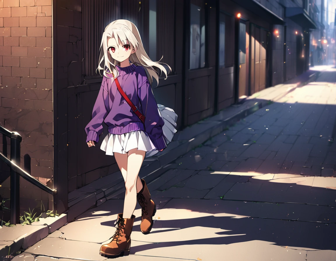 1girl(fate stay night, Illyasviel von Einzbern, cool, white long hair, red eyes, purple sweater, white skirt, leather boots, light smile), walking