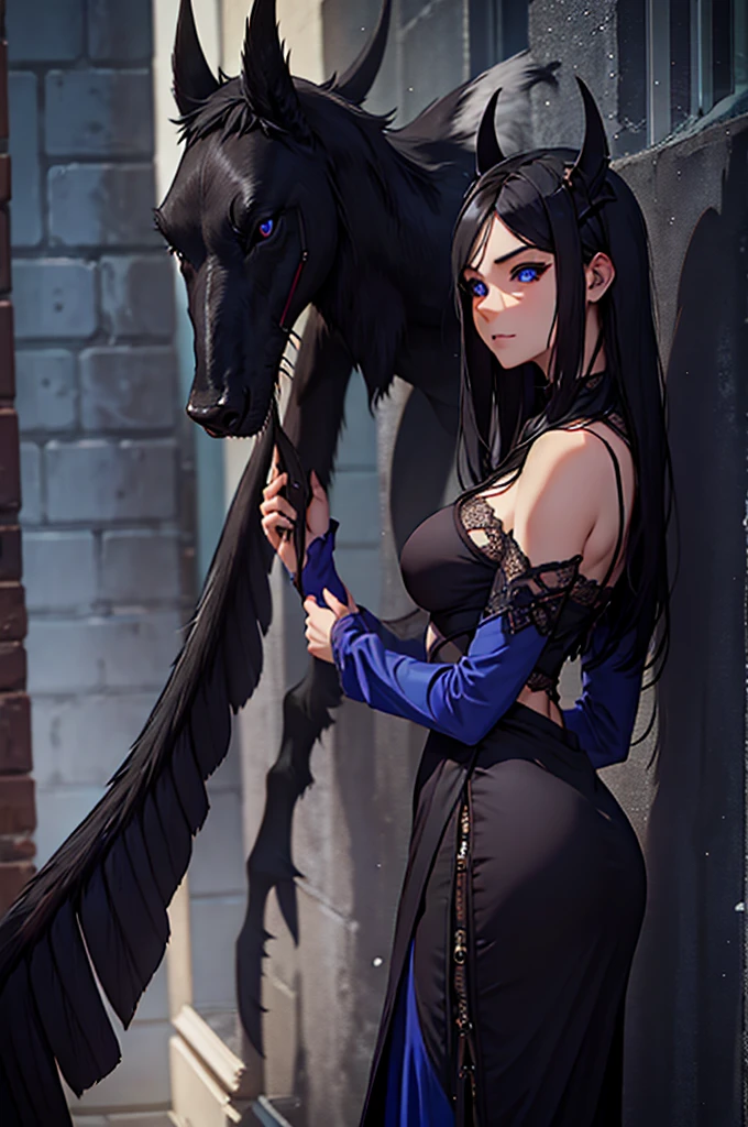 Female, Hellhound girl, black hair, shy girl, Hellhound tail, tall, cobalt blue eyes, dark grey skin, over six foot tall, slim but tall, medieval style clothes,