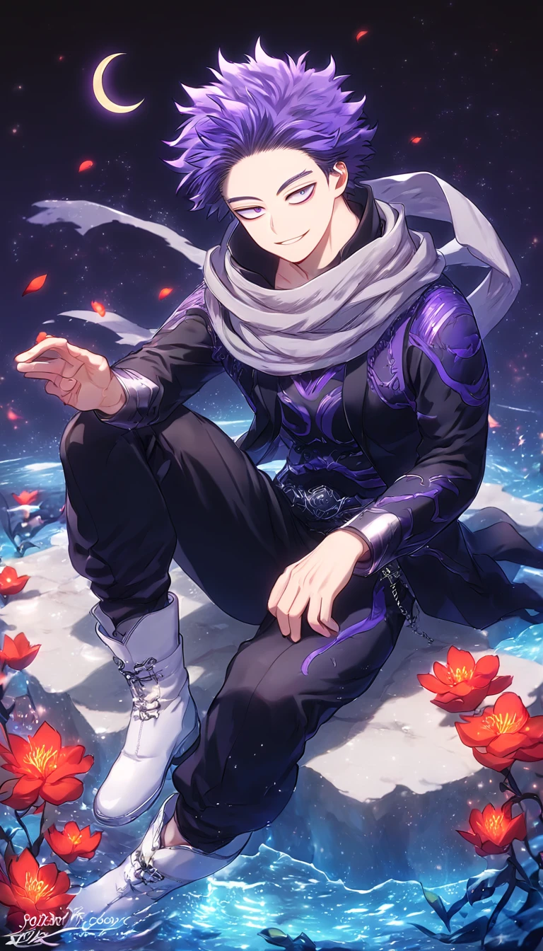 absurdres, highres, ultra detailed, HDR, master piece, Shinsou Hitoshi, indigo hair, messy hair, expressive purple eyes, gray scarf, black clothes, black pants, white boots, Boku No Hero Academia, sexy man sitting, handsome, best quality, red glittering crescent moon, red flowers, fantasy, magical, solo, water, red shining fireflies, red petals, sensual, handsome smile