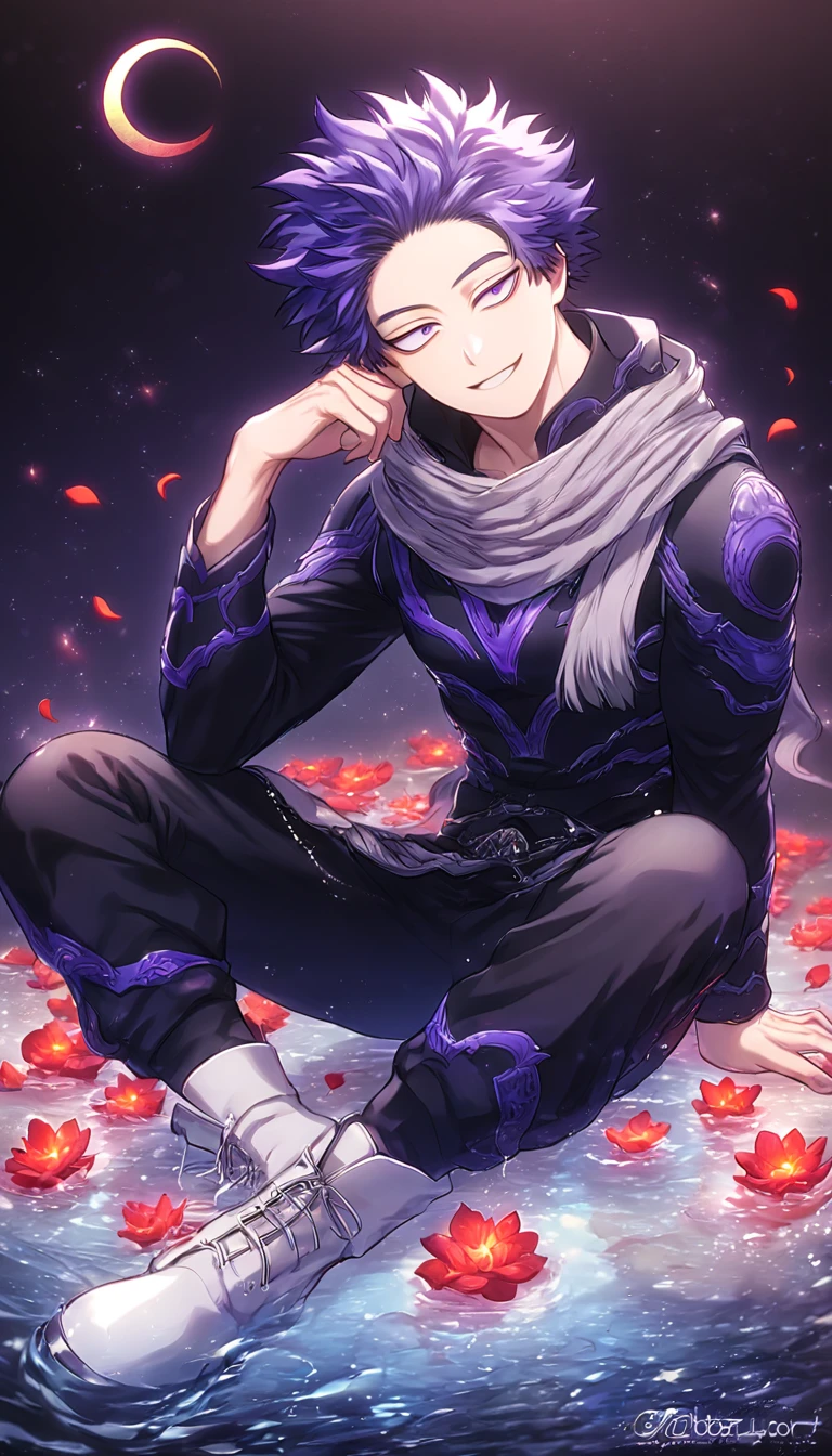 absurdres, highres, ultra detailed, HDR, master piece, Shinsou Hitoshi, indigo hair, messy hair, expressive purple eyes, gray scarf, black clothes, black pants, white boots, Boku No Hero Academia, sexy man sitting, handsome, best quality, red glittering crescent moon, red flowers, fantasy, magical, solo, water, red shining fireflies, red petals, sensual, handsome smile