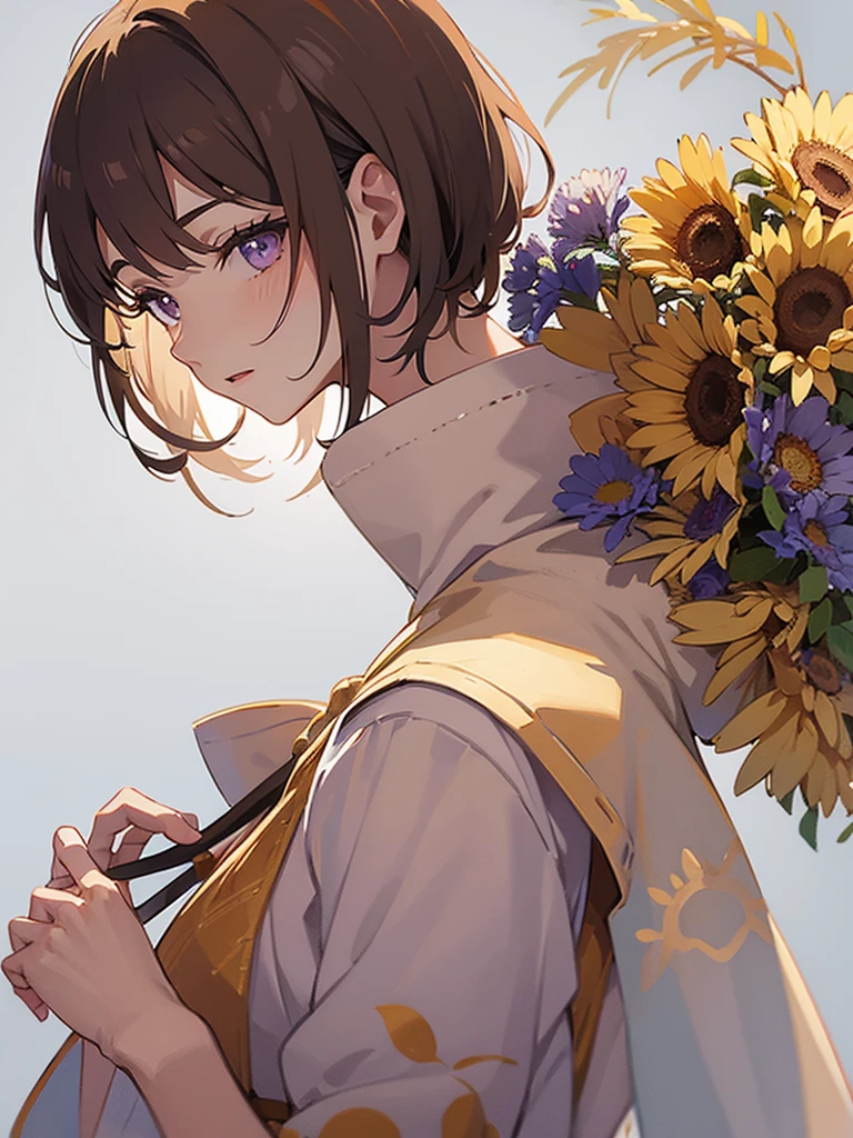 (White background: 1.4), (White dirt road, Oriental elements), (Nature illustration summer: 1.3, Paper art: 1.3, Quilted paper art: 1.2), (Reasonable design, clear lines, high definition, best quality, highly detailed, Maste piece, Cinematic light effects, 4K) (Sunflowers, Soap bubbles: 1.0), brown Short hair, purple eyes,kimono,Watch the fireworks,firework
