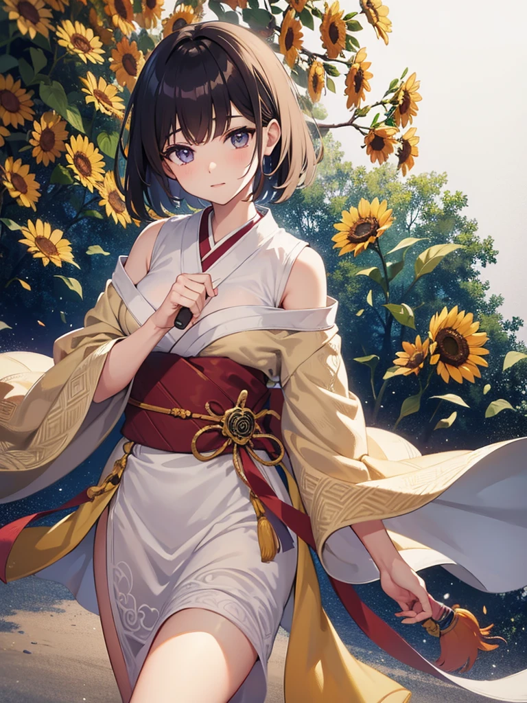 (White background: 1.4), (White dirt road, Oriental elements), (Nature illustration summer: 1.3, Paper art: 1.3, Quilted paper art: 1.2), (Reasonable design, clear lines, high definition, best quality, highly detailed, Maste piece, Cinematic light effects, 4K) (Sunflowers, Soap bubbles: 1.0), brown Short hair, purple eyes,kimono,Watch the fireworks,firework