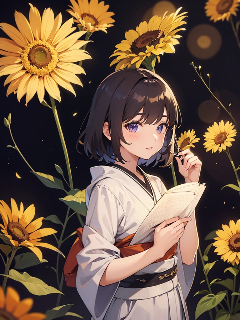 (White background: 1.4), (White dirt road, Oriental elements), (Nature illustration summer: 1.3, Paper art: 1.3, Quilted paper art: 1.2), (Reasonable design, clear lines, high definition, best quality, highly detailed, Maste piece, Cinematic light effects, 4K) (Sunflowers, Soap bubbles: 1.0), brown Short hair, purple eyes,kimono,Watch the fireworks,firework