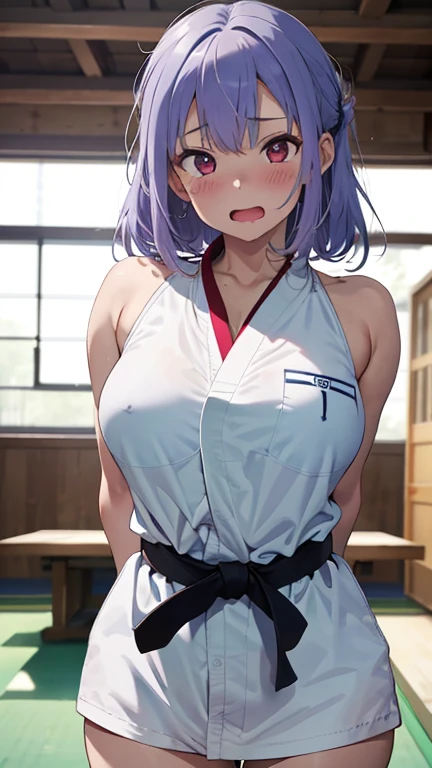 mastute piece,Best Quality,insanely detailed,8k cg,nsfw,
(shoot upper body:1.3),
(1girls:1.3),standing,looking at viewr,body in front,(arms behind back:1.4),(Judo uniform:1.3,doges:1.3),judo:1.3、BREAK,
blush,shy,(ecstasy face),(trembling:1.2),BREAK,(light blue hair:1.3),
BREAK,
perfect breasts,perfect teats,(open mouth:0.9),(large breasts:1.2),
(judo dojo),judo道場、