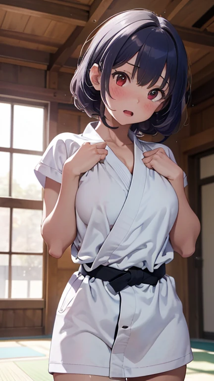 Anime drawing with vivid colors Tall woman:1.9 White wedding dress Mini skirt Big Sweat Naked:1.9. Blushing cheeks: Daytime:1.3 Apartment bedroom, white sheets, short black hair, ponytail:1.9 Straight hair Hair tie Sweep bangs to the side:1.9. Slanted eyes, brown eyes, tall, strong-willed, beautiful