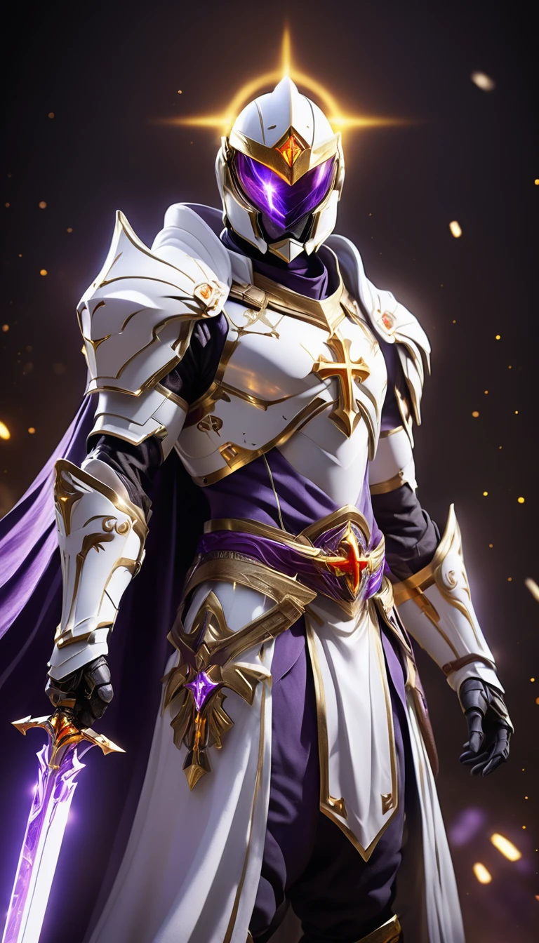 Masterpieces, male, Holy white Knight, (white armor) Action style shot, Glowing purple colored Christian cross on chest made of a large gem on chest (Battle Priest in a warframe and halo style armor wielding a glass sword with radiant purple light, emanating potent gold light magic.), (action shot: brandishing radiant glass sword), (white, purple and silver color scheme), (5 purple gems on belt), (large Christian cross on chest and abdomen), (purple magic effects), (purple half cape), white and red tabard (solid gold color background), (gold magic background effects), centered, full body shot fighting, sci-fi knight, Halo master chief, vibrant colors, visible figure joints, cinematic shot, volumetric lighting, intricate pattern detail, highly detailed