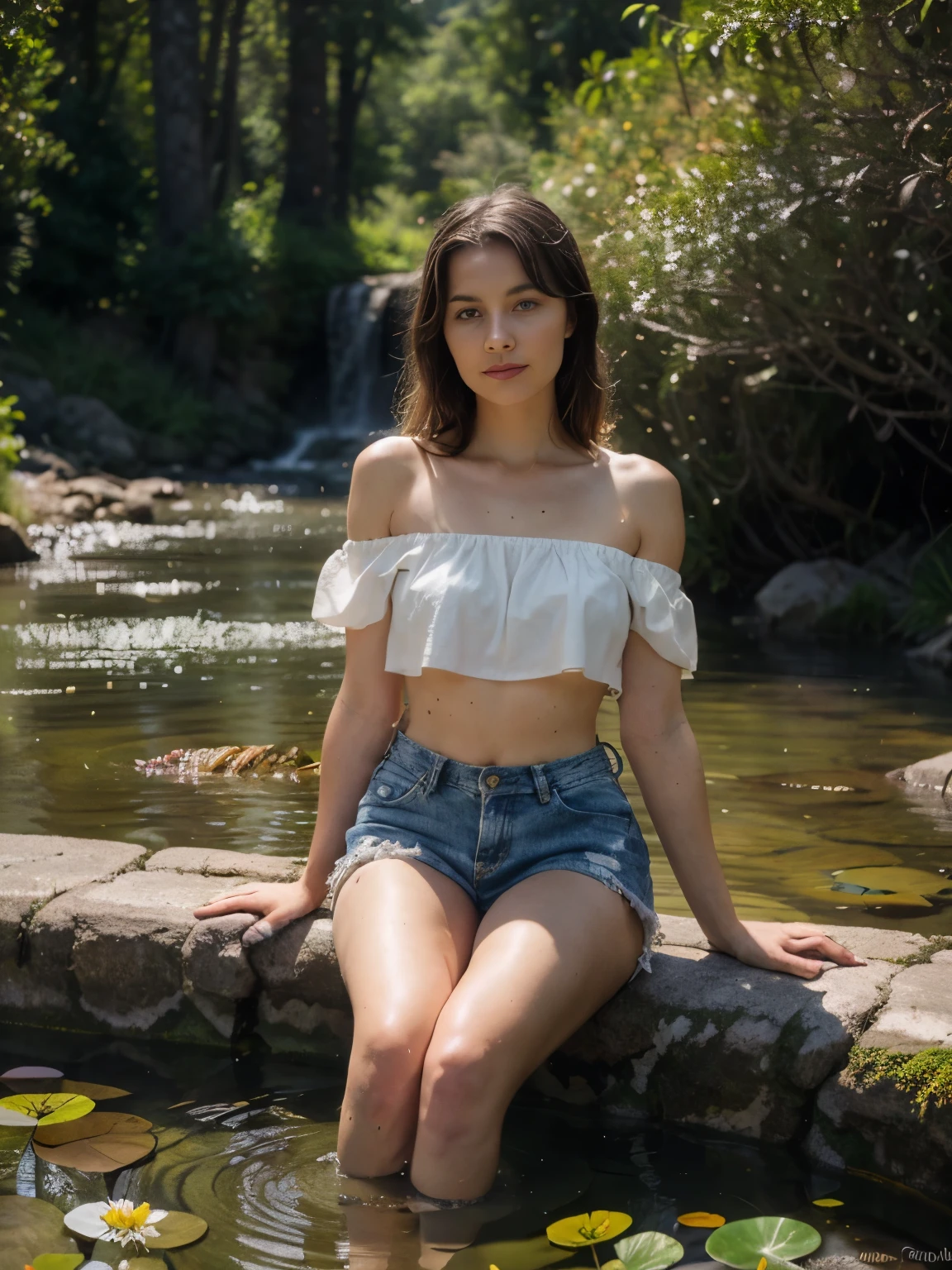 A blond, slender woman, slightly smiling and radiating a relaxed aura, lounges in a shallow creek amidst the high mountains of Madeira. Her curly blond hair cascades around her shoulders, tousled by the gentle breeze. She wears a light, off-shoulder white blouse with delicate lace trim, casually pulled off one shoulder, and a pair of light denim shorts. Her bare feet rest in the cool water, with a sense of ease and comfort emanating from her pose.
The setting is a hot summer day, with the bright sun illuminating the lush, green mountain landscape. The creek's crystal-clear water flows gently over smooth, rounded stones, creating a soothing sound. Around her, the vibrant greenery is interspersed with colorful wildflowers, adding pops of color to the verdant scene. The air is filled with the earthy scent of wet rocks and the sweet aroma of blooming flora. Ferns and moss cling to the rocks along the creek, and the shade from overhanging trees provides a cool respite from the heat. The backdrop includes terraced slopes and distant peaks, shrouded in a soft, hazy light. The woman, basking in the tranquil beauty of the creek and the surrounding nature, exudes a peaceful and carefree vibe.
Goldfish, water lilies, dragonflies, moss-covered rocks, cattails, willow tree, blooming wildflowers, daisies, butterfly, pebble path, wild grasses, ferns, reeds, lily pads, tall pine trees, maple trees, spruce trees, birch trees, fallen leaves, mushrooms, wild berries, mossy logs, clover patches, dragonflies, bees, birds, squirrels, chipmunks, rabbits, deer, wild ducks, turtles, herons, hawks, eagles, otters, frogs, salamanders, fresh water springs, natural rock formations, forest underbrush, forest canopy, fallen branches, tree stumps, wildflowers in bloom.
