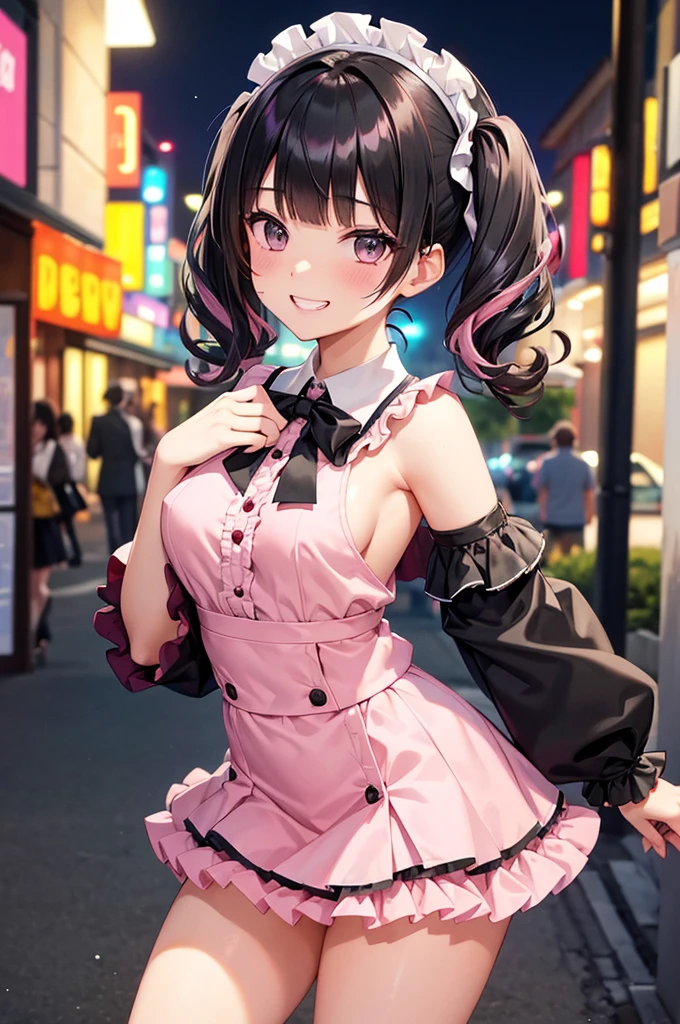 ((nsfw)),(8k、Best image quality、Highest quality、masterpiece)、Detailed face、One Girl、Black Hair、((Twin tails))、Blunt bangs、short hair、Wavy Hair、Grey Eyes、Wicked Smile、Grin、mask_Pull、Moderate bust、((Pink clothes))、Frills、Black Ribbon、Black mini skirt、Frills、jirai kei attire、Cowboy Shot、Night downtown background