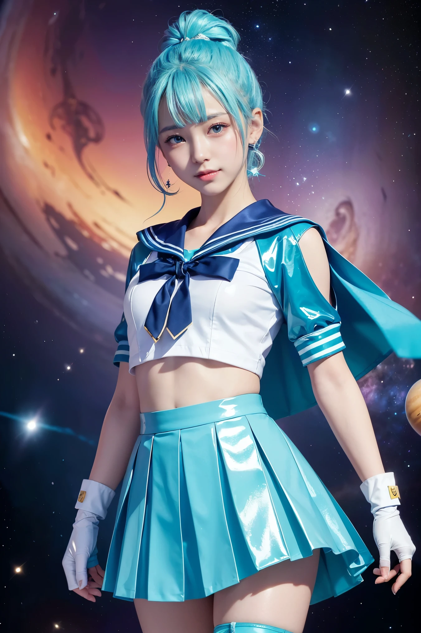 (((Cyan-colored hair)))、(((Bun Head)))、(((A 14 year old Japanese girl wearing a shiny cyan short sleeve sailor uniform with elbow gloves and a cloak over it.,smile)))、(((Cyan latex sailor collar)))、(((Cyan Latex Pleated Skirt)))、choker、Earrings、ribbon、((belly button))、 (((Sailor Warrior Uniforms)))、、Beautiful ornaments: 美しいPerfect Face, Soft Skin、Perfect Face, Intricate details, Splash screen, 8k resolution, masterpiece, Cute Face、(((Space Background)))、Queen of Queenasterpiece, Highest quality, Highest quality, Official Art, Beauty and aesthetics: 1.2), (One girl: 1.3)