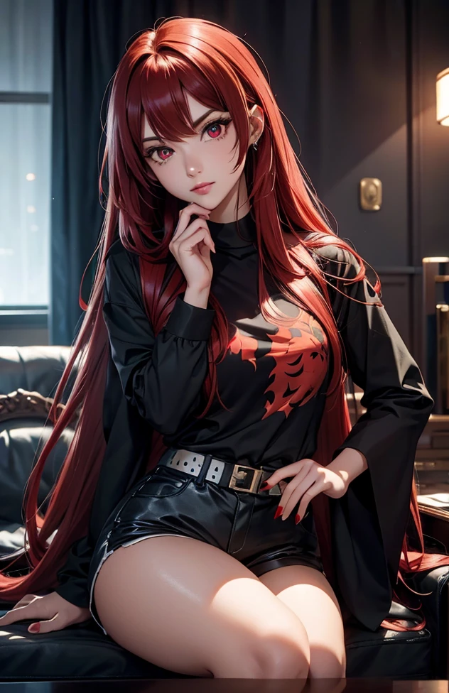 Woman with long hair straight, red hair, high detailed, realistic, ultra realistic, villain, black shirt and short pant, red dragon eyes, ((red pupil eyes))