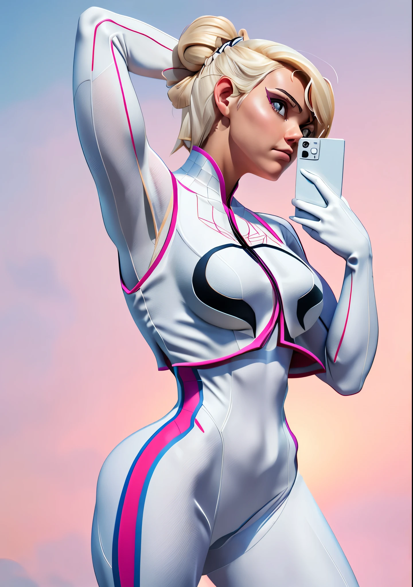 18yo SpiderGwen，White Spider-Man suit，short and wavy hair，blondehair，beautifulface，hoodie, action pose, lluvia，teto，The Masterpiece，exquisite detailing，Perfect anatomy，(huge muscles),  best qulity，ultra-highresolution，4k