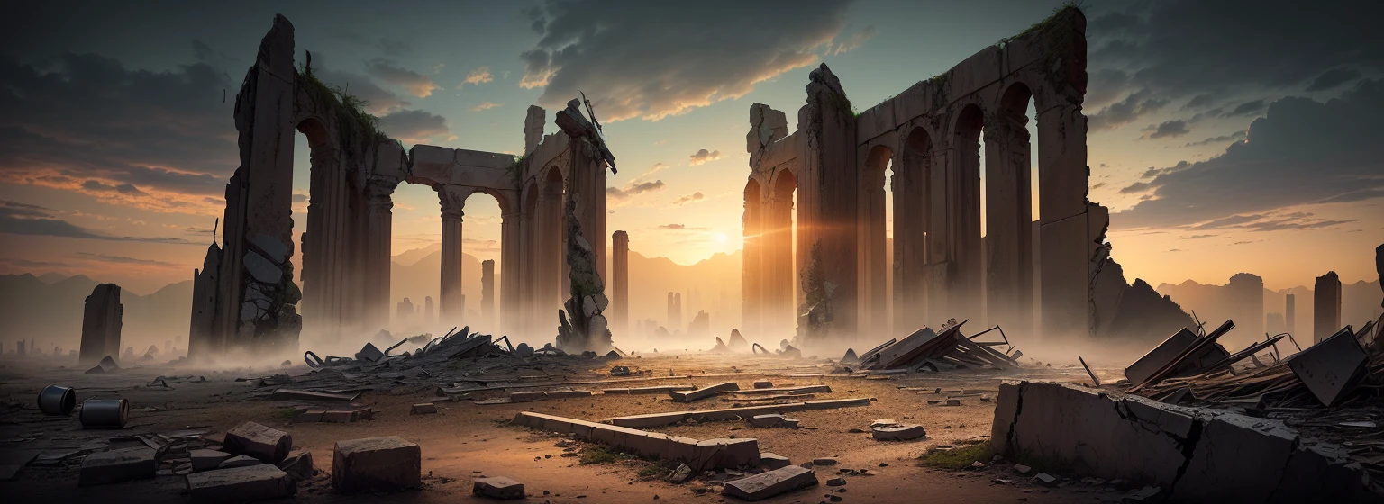 夕陽西下的一座ruins城市的阿拉法德圖像, post apocalyptic ancient ruins, dark ruins landscape, background is the ruins, ruins landscape, End of the world day background, ruins on the background, Doomsday environment, ruins of hell, doomsday landscape, End of the world day background, crumbling ruins, ominous End of the world day background, ruins, Apocalypse of Destruction and Despair, old ruins, dark city ruins ,((low angle shot 1.7)) ((Camera lens close to the ground to shoot 1.8))