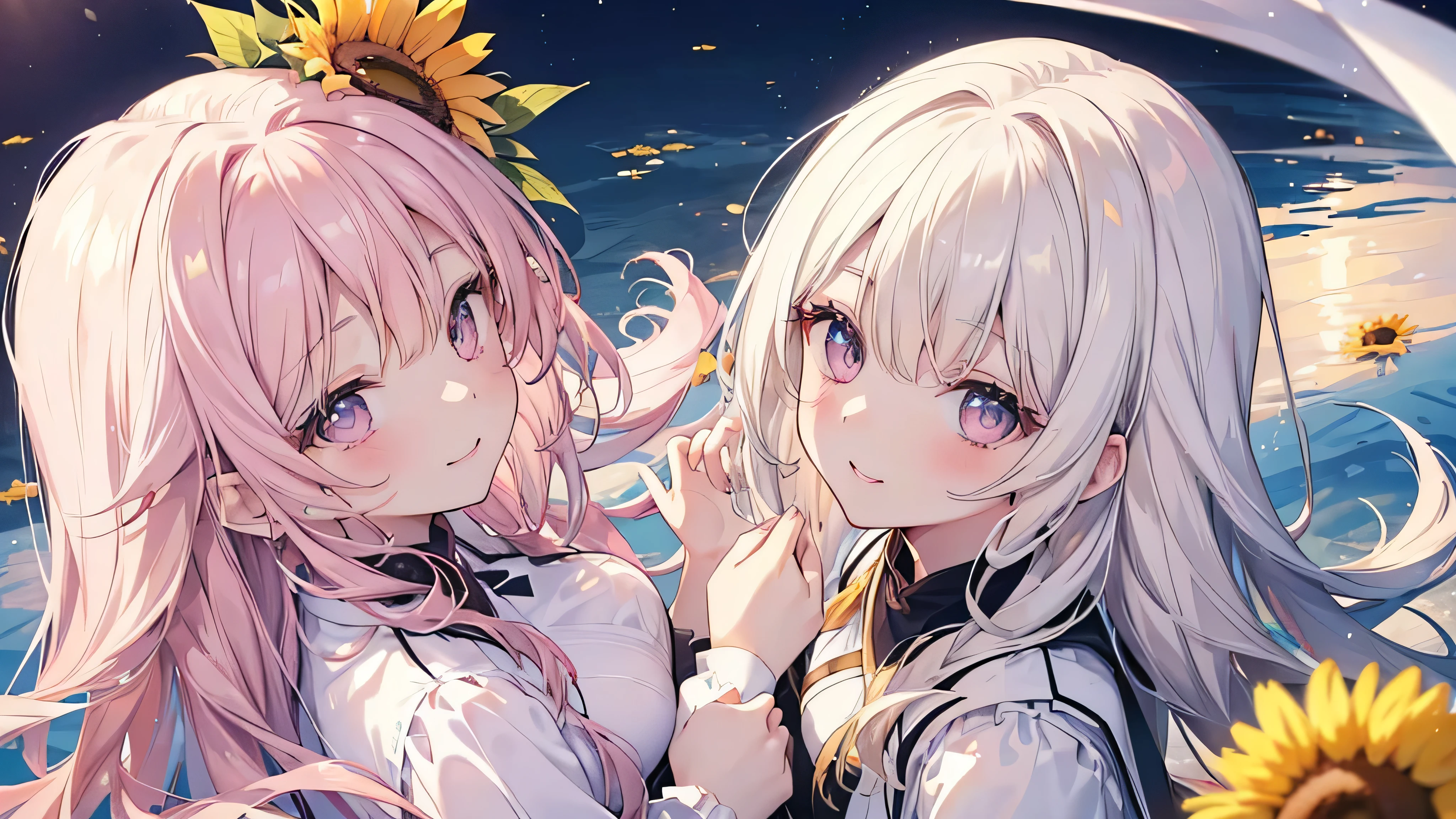 (sunflower), ((Beautiful eyes)), (((The best smile,Angle from above))), (((Highest quality、masterpiece、Ultra-fine、Ultra-fine、Exquisite、16K、Full HD,high school girl))) 、Long eyelashes、White skin、(thin and long)、 ((cute)) ((one person)),Zoom out,(A magnificent composition、epic proportion)、(Pale pink lips、Pale pink cheeks、thin and long)、Dynamic lighting,(Let's smile like a sunflower Let's face difficulties without giving in Let's spread brightness and energy to those around us)