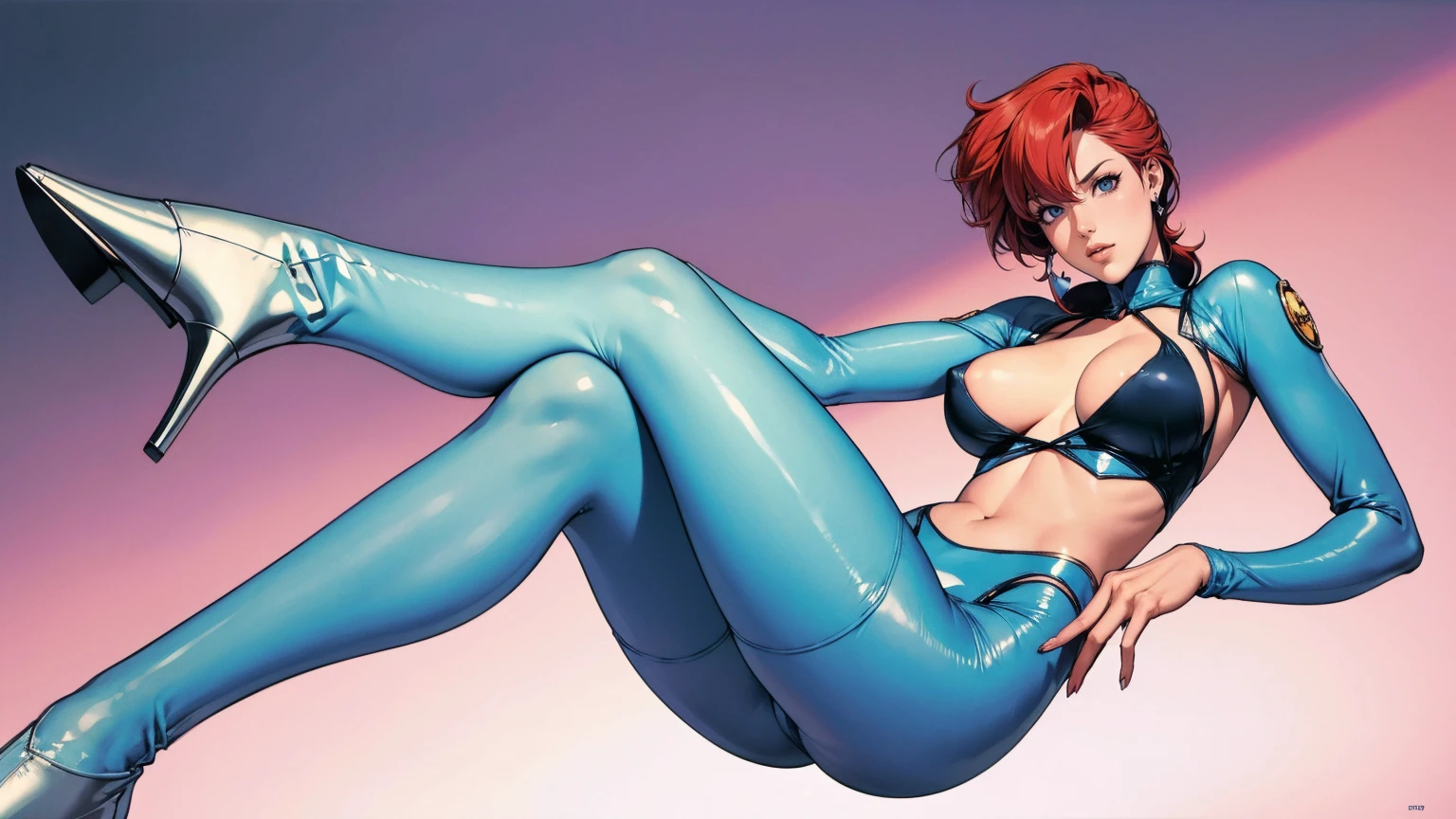 ((Masterpiece, of the highest quality; 1.3)), super quality, Beautiful detail, super detailed, extra fine, 16k, exquisite, absurd, high resolution, beautiful background, detailed background, pretty eyes, Beautiful skin, animated style, Kay from Dirty Pair in a white outfit, tight suit, neckline, bushy redhead beauty, very light blue uniform, wearing tight clothing, scarce, (Half chest: 1.2), neckline, neckline, thin waist , thin waist, thin thighs, thin legs, thin legs. thigh gap, showing stomach, Skinny, thin hips, cyberpunk city background, retro space gun holding, sale,