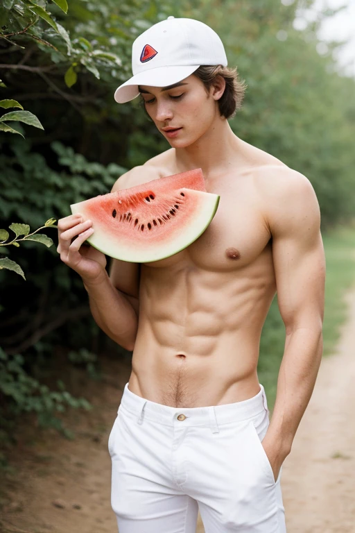 Young handsome cute face beautiful white skinny without shirt, hat eating and picking sliced watermelon holding in hand