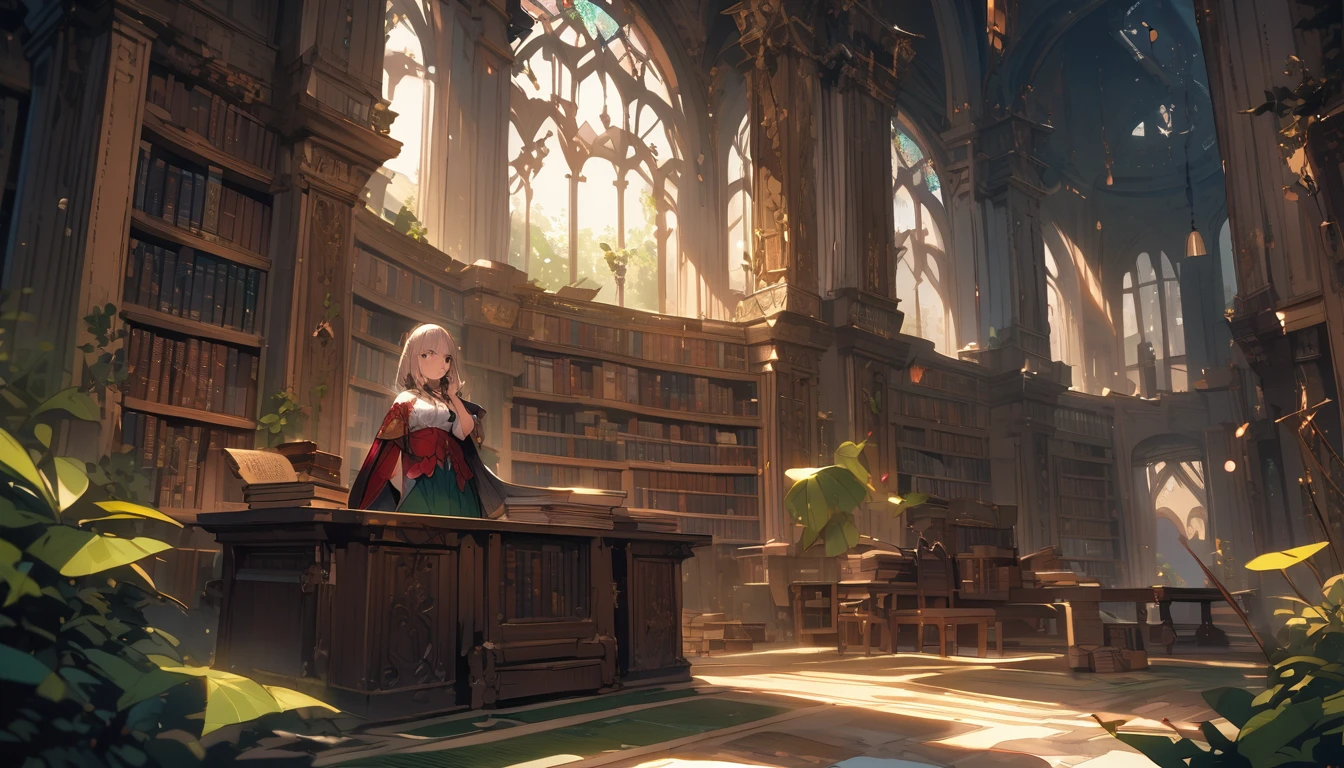 (masterpiece:1.4), (Highest quality:1.4), Very detailed, Complex, Very detailed, shape,Soft lighting,Adventurer taking a break、All limbs intact、Perfect full finger, Colorful characters, Depicting an ancient library., A library full of old parchments、In a room full of leaves and shades of green, 大きくてMajestic, A palace library in the middle of the forest. big, Majestic, Uplifting expressions, 