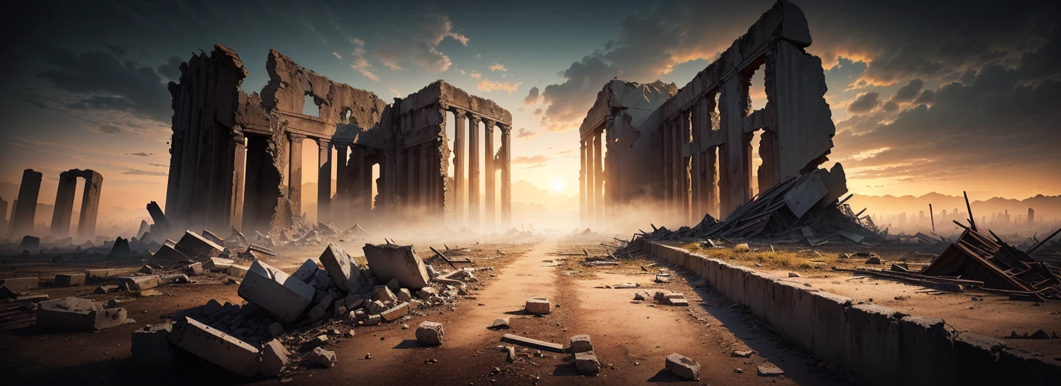 夕陽西下的一座ruins城市的阿拉法德圖像, post apocalyptic ancient ruins, dark ruins landscape, background is the ruins, ruins landscape, End of the world day background, ruins on the background, Doomsday environment, ruins of hell, doomsday landscape, End of the world day background, crumbling ruins, ominous End of the world day background, ruins, Apocalypse of Destruction and Despair, old ruins, dark city ruins ,((low angle shot 1.7)) ((Camera lens close to the ground to shoot 1.8))
