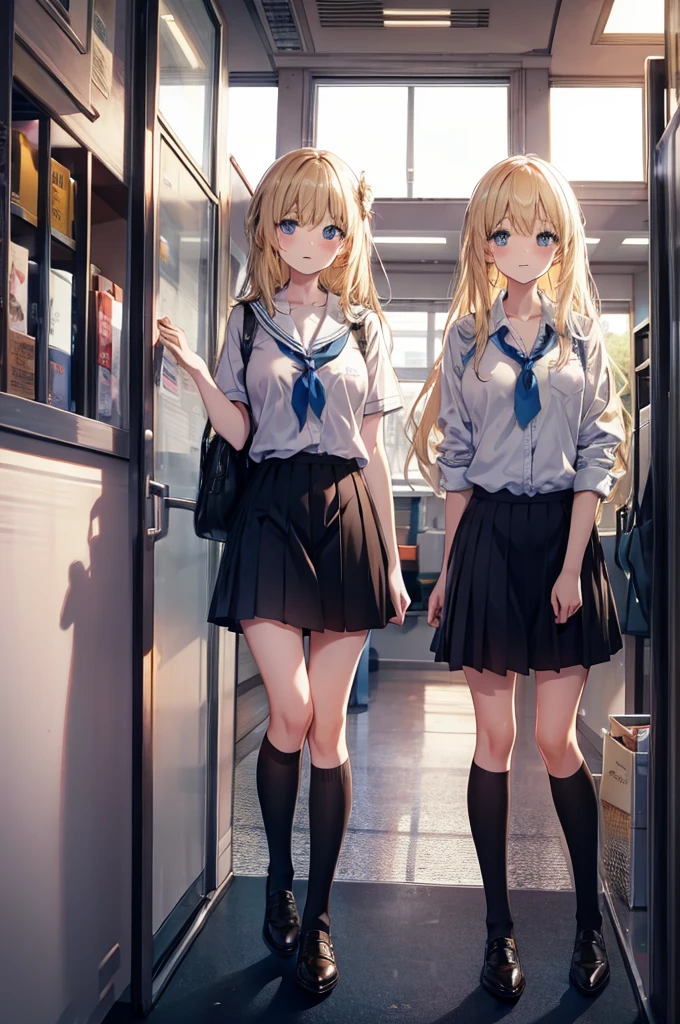 three girls, school, class, (black), blond, (brown), standing