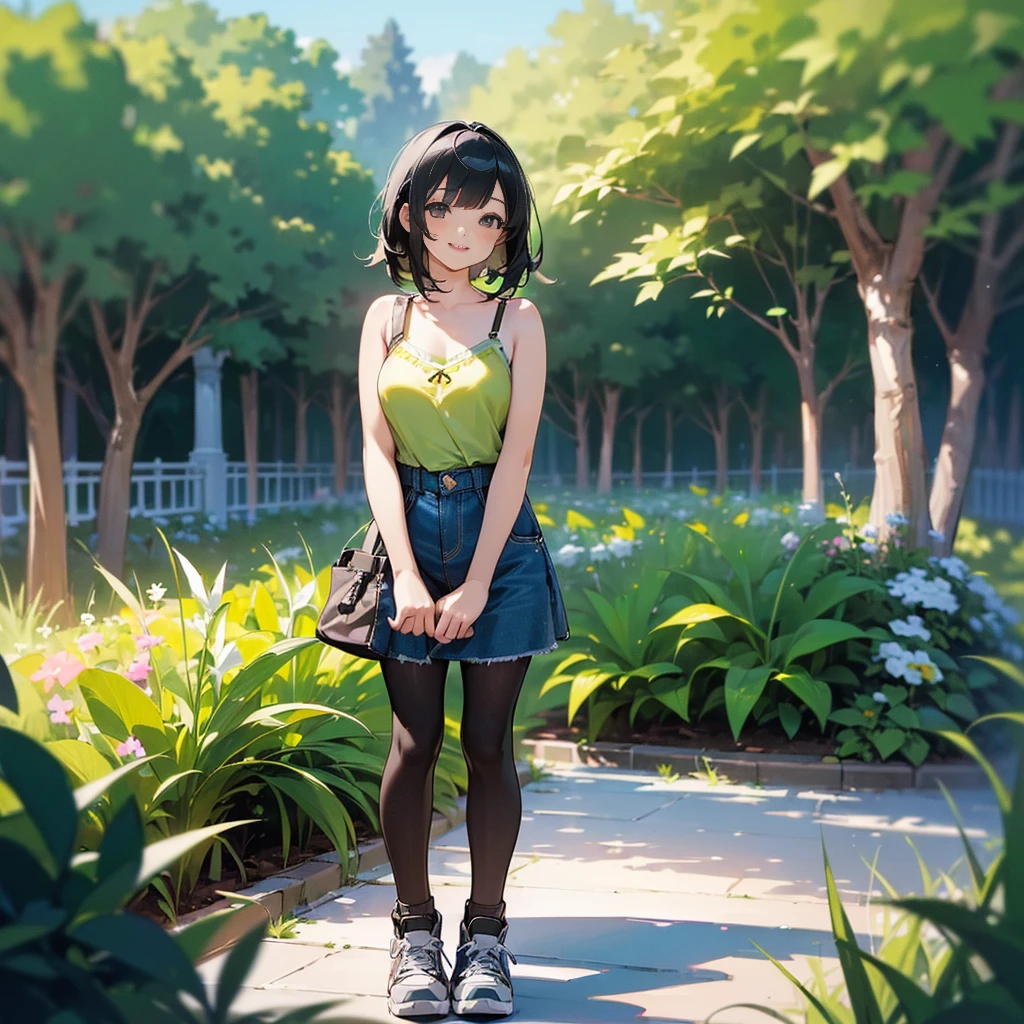 (high quality, High resolution, Very detailed, reality:1.37), Peaceful atmosphere, (Outdoor, garden), Teenage girl standing alone, (my breasts are big.), Beautiful details, Cute Smile, (Black bob hair), camisole, Denim skirt, Black tights, sneakers.