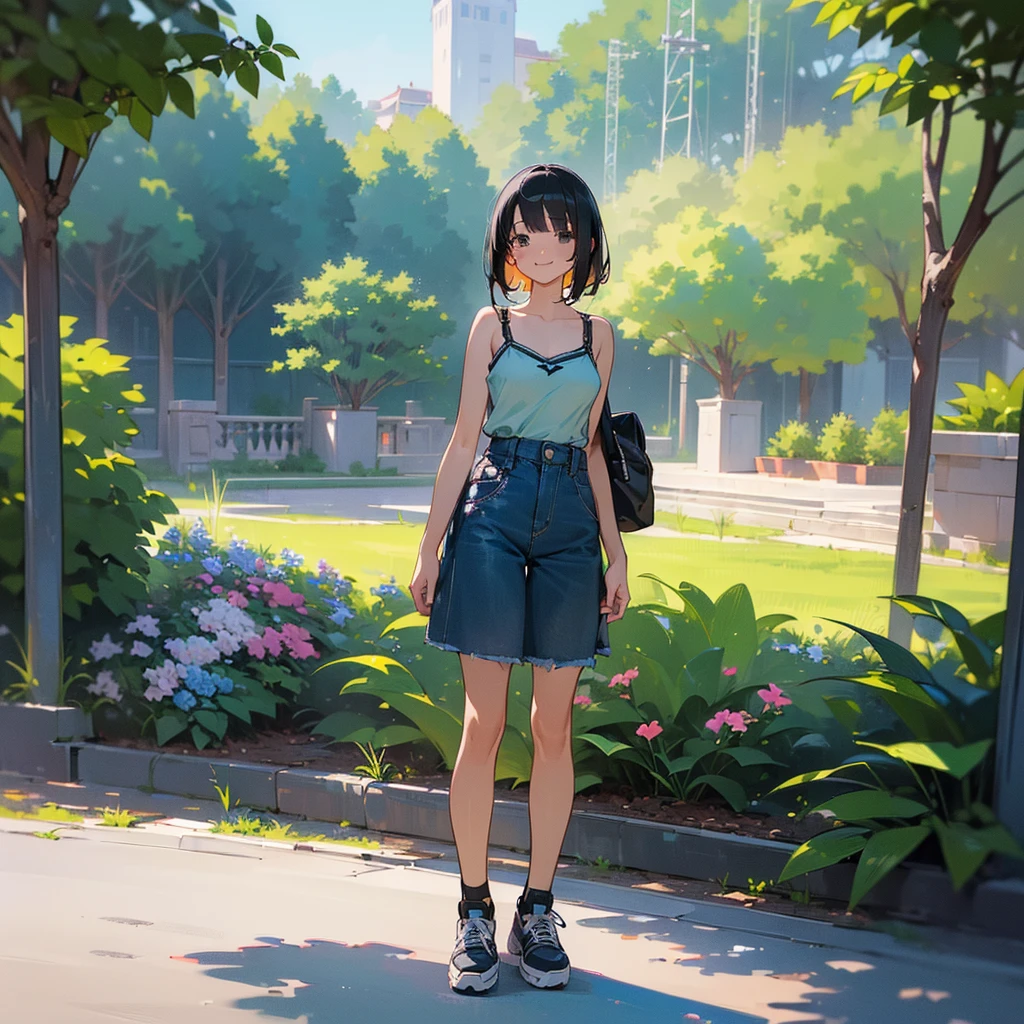 (high quality, High resolution, Very detailed, reality:1.37), Peaceful atmosphere, (Outdoor, garden), Teenage girl standing alone, (my breasts are big.), Beautiful details, Cute Smile, (Black bob hair), camisole, Denim skirt, Black tights, sneakers.
