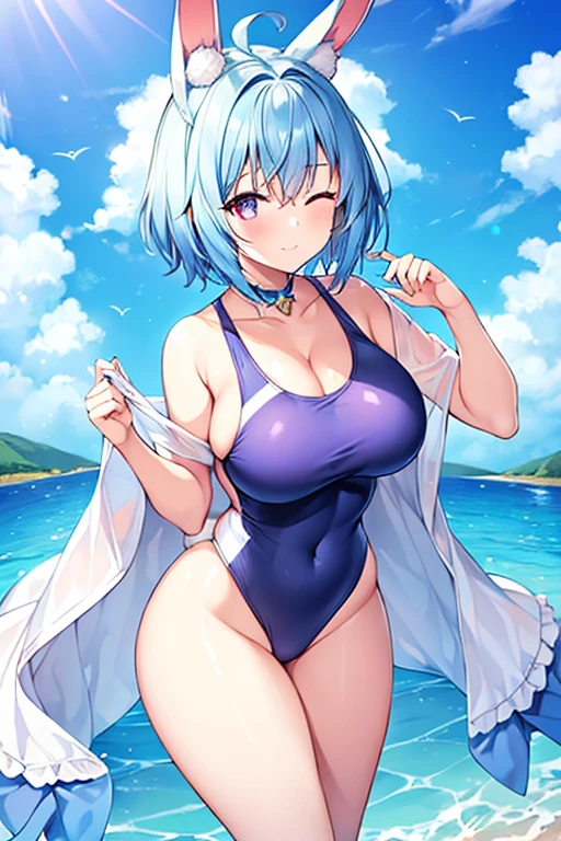 1girl, rabbit ears, animal ear fluff, (animal ear fluff), light blue hair, blue hair, very short hair, purple eyes, one eye closed, breasts, wide hips, large breasts, thick thighs, hourglass figure, light smile, one-piece swimsuit, competition swimsuit, bare legs, mature female, beach, blue swimsuit, blue one-piece swimsuit, ((competition swimsuit)), 