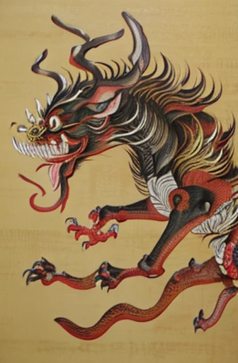 monster, ((Jump scares)), warm color of outline, ((festival)), ((Choju Jinbutsu Giga)), ((Four ink paintings)), antique, (Personification), (Sumi-e), (Old paper style illustration), (Hunting Painting Style, Little monster, Monochrome Art, old performance, variational pointillism, Flat Illustration, Creepy, (Horror elements), Creepy worldview, (primitive art), warm color of outline, old picture scroll style, old staging, Ancient mural style