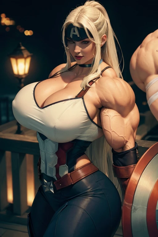 ((Close-up)), tall, (White hair) beautiful muscular woman, long straight hair, light brown skinned, closed smile, large breast, (black lipstick), (massive muscles), (hyper muscle), ((ginormous bulky muscles)), blue eyes, ((white captain America suit)), (Captain America pants), choker, boots, on a rooftop at night,