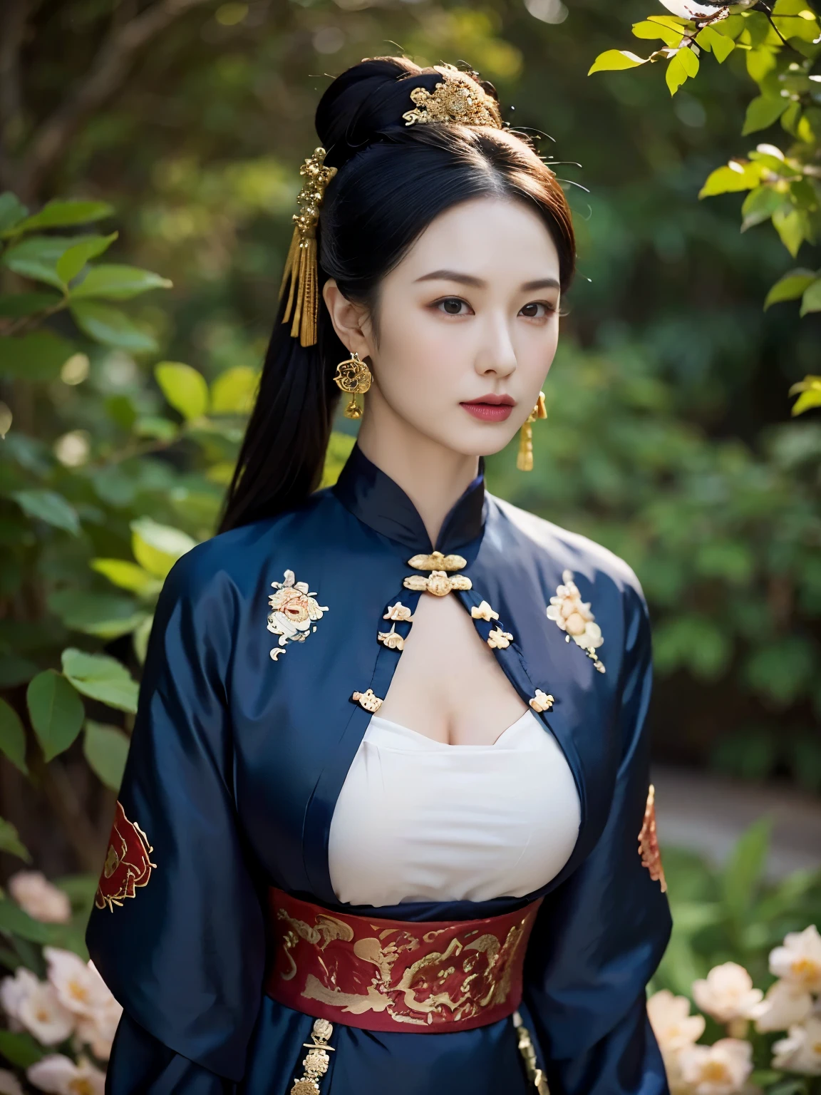((Close up shot, focus face )), stand on garden, looking at viewer, Chinese, 30 years-old, One of the three most beautiful women in the Chinese, A beauty known all over the world, (light Black hair, beautiful lip, smile, earring ), (big breasts, slender whist, wide hip ) ,(Silk Chinese clothing ,background wear color is Royal blue, Royal clothing, Chinese shoes ), in Chinese haven, (masterpiece, highest quality, High resolution, Photo realistic, sharp, RAW Photos, 8k wallpaper, perfection, Professional Lighting, Very detailed)