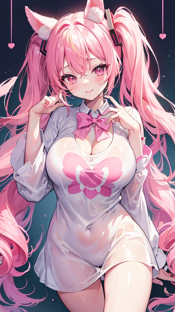 Hatsune Miku, blush, cleavage,glowing aura, natural light, masterpiece, glossy skin, juicy lips ,long hair, cute, kawaii, adorable, kawaii clothes,random hair style,sexy, hot, , random expression, blonde hair, ((pink highlights in hair)), pink eyes, purple bunny ears, bonfie,glasses, pigtails and braids, bright pink eyes, , juicy lips, ?????, hour glass, smile ,big lips, ((shirt tug pose))
