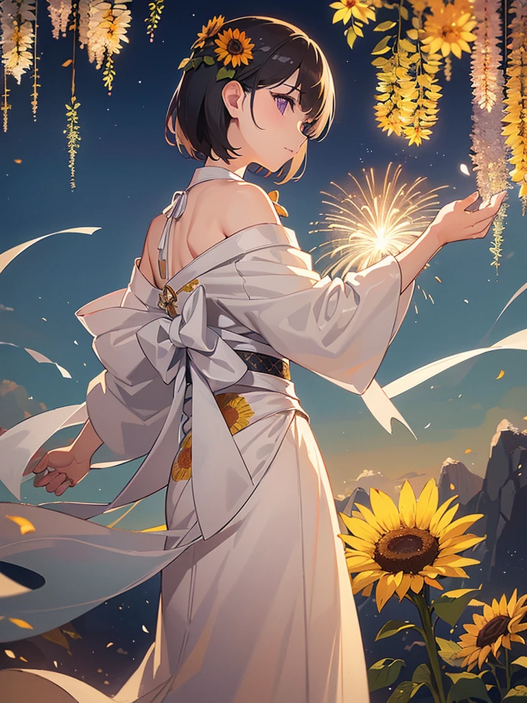 (White background: 1.4), (White dirt road, Oriental elements), (Nature illustration summer: 1.3, Paper art: 1.3, Quilted paper art: 1.2), (Reasonable design, clear lines, high definition, best quality, highly detailed, Maste piece, Cinematic light effects, 4K) (Sunflowers, Soap bubbles: 1.0), brown Short hair, purple eyes,kimono,Watch the fireworks,firework,summer night