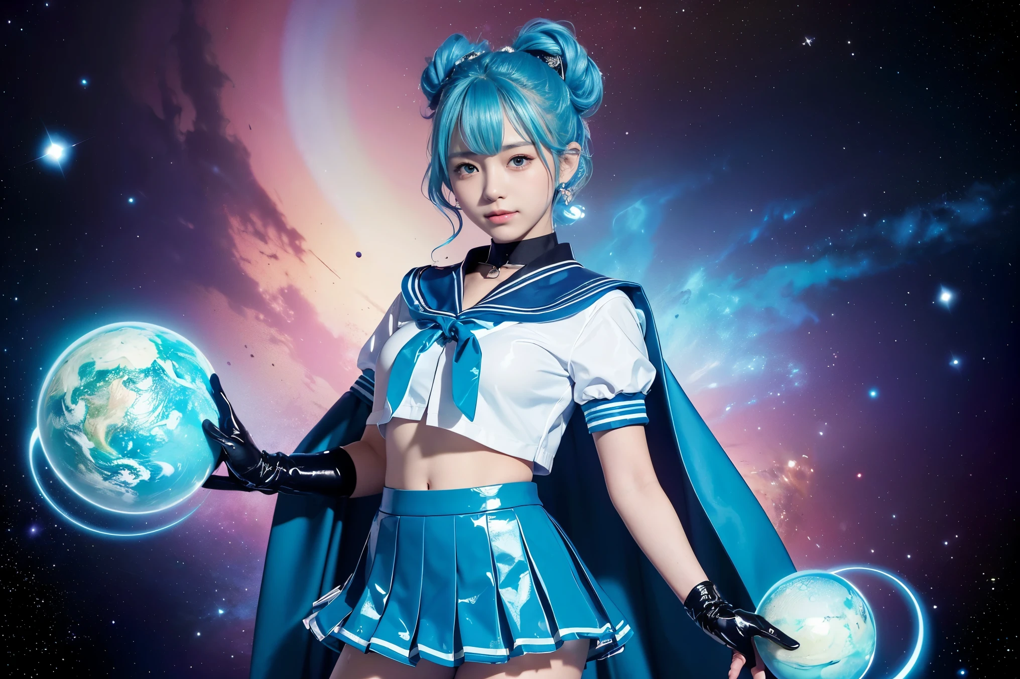 (((Cyan-colored hair)))、(((Chignon Hair)))、(((A 14 year old Japanese girl wearing a shiny cyan short sleeve sailor uniform with elbow gloves and a cloak over it.,smile)))、(((Cyan latex sailor collar)))、(((Cyan Latex Pleated Skirt)))、choker、Earrings、ribbon、((belly button))、 (((Sailor Warrior Uniforms)))、、Beautiful ornaments: 美しいPerfect Face, Soft Skin、Perfect Face, Intricate details, Splash screen, 8k resolution, masterpiece, Cute Face、(((Space Background)))、Queen of Queenasterpiece, Highest quality, Highest quality, Official Art, Beauty and aesthetics: 1.2), (One girl: 1.3)