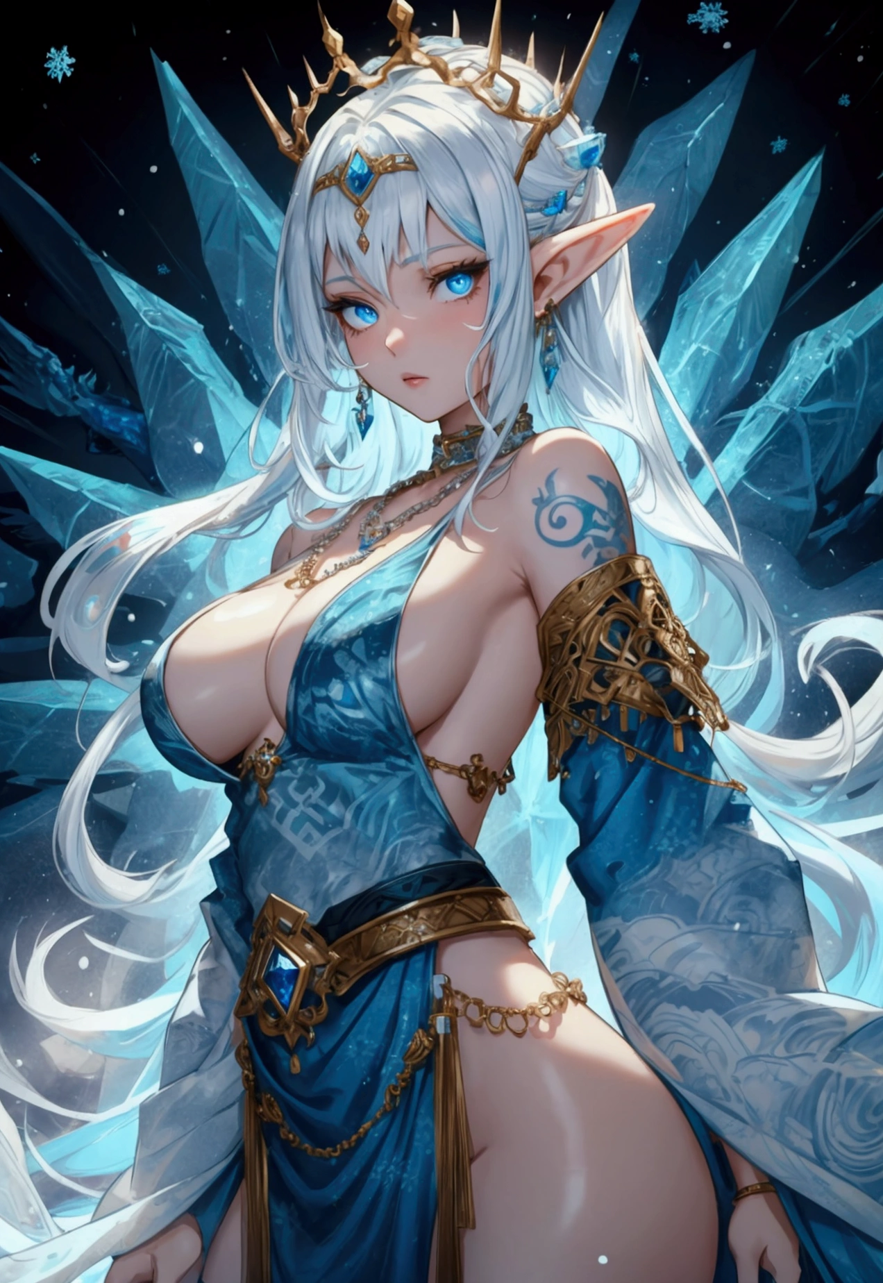 A very kind girl. She has red hair, icy blue eyes, she is wearing white blue and brown Japanese clothing, she is an icy dragon. She is the dragon of ice, she is wearing lots of jewelry. Necklaces, breaches, waist beads, hip beads, crowns, head necklace. Her skin is like snow, she is paper white, she has elf ears. She controls the ice and snow ruthlessly. Her skin has blue in it and kinda looks like she’s always freezing. Her eyes glow a hue of blue, and literally glow. She has tattoos and markings on her body that glow as well. Her hair has streaks of white and blue in it. So has so so so much jewelry on, she has cabins and gems on her ears, her hands also have chains on them, her waist has no much jewelry’s on it too. She has large breasts.