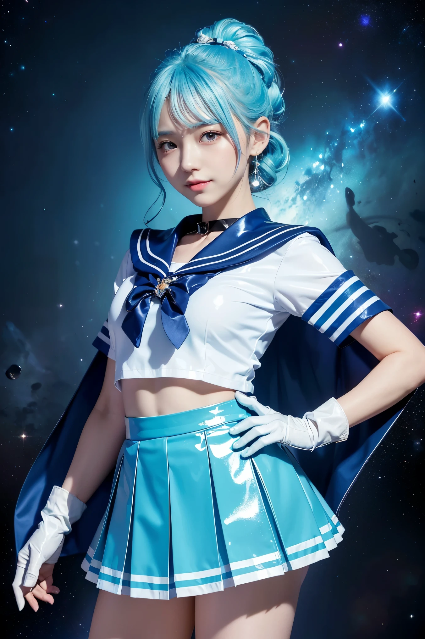 (((Cyan-colored hair)))、(((Chignon Hair)))、(((A  Japanese girl wearing a shiny cyan short sleeve sailor uniform with elbow gloves and a cloak over it.,smile)))、(((Cyan latex sailor collar)))、(((Cyan Latex Pleated Skirt)))、choker、Earrings、ribbon、((belly button))、 (((Sailor Warrior Uniforms)))、、Beautiful ornaments: 美しいPerfect Face, Soft Skin、Perfect Face, Intricate details, Splash screen, 8k resolution, masterpiece, Cute Face、(((Space Background)))、Queen of Queenasterpiece, Highest quality, Highest quality, Official Art, Beauty and aesthetics: 1.2), (One girl: 1.3)
