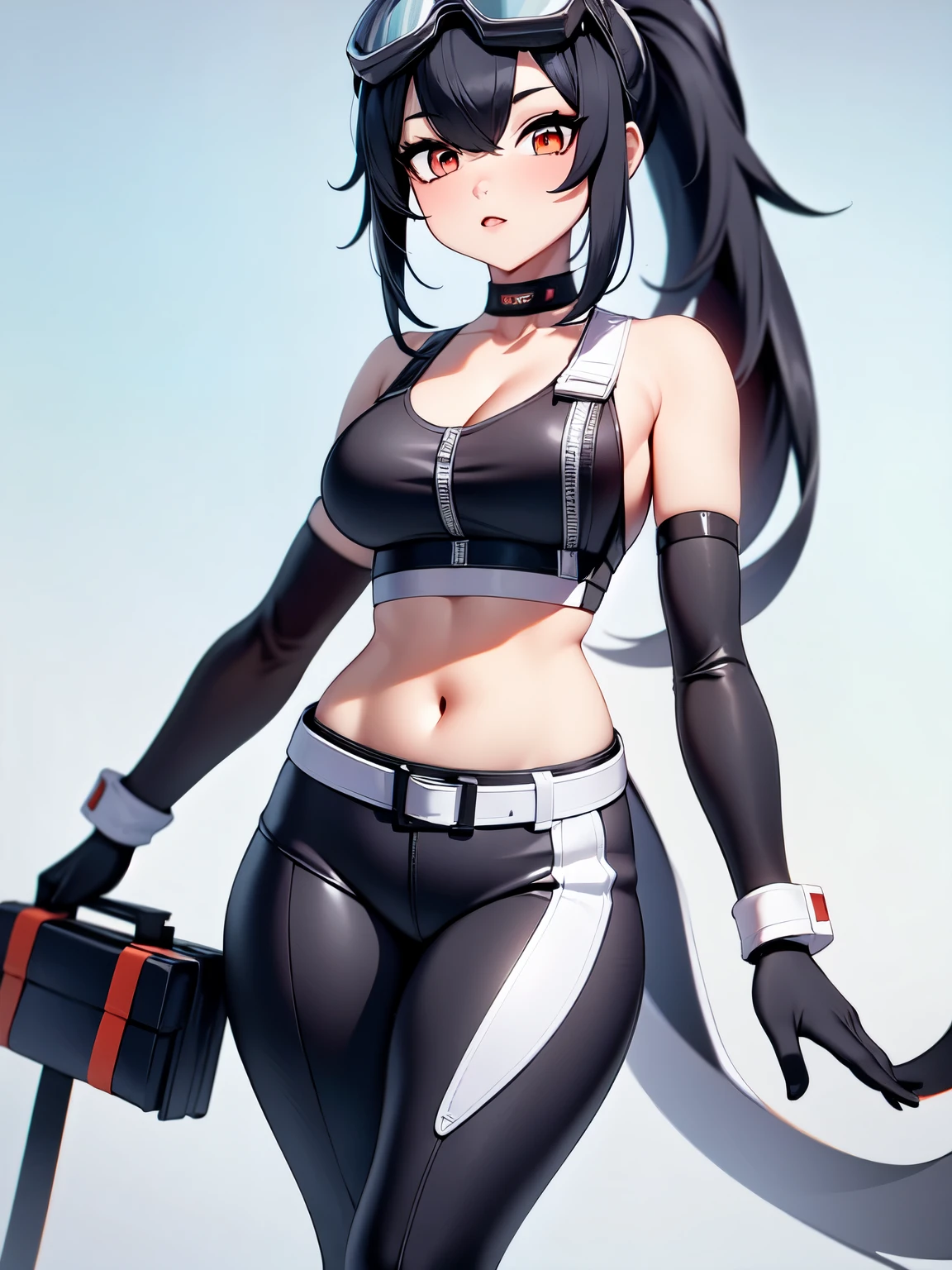 (masterpiece, best quality:1.2), 1girl, solo, Grace Howard, Grace Howard from Zenless Zone Zero, bare shoulders, black choker, black gloves, white gloves, black pants, black sports bra, elbow gloves, goggles on head, looking at viewer, low ponytail, medium breasts, midriff, navel, parted lips, white gloves, zipper, belt
