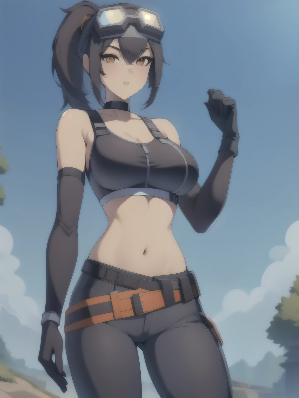 (masterpiece, best quality:1.2), 1girl, solo, Grace Howard, Grace Howard from Zenless Zone Zero, bare shoulders, black choker, black gloves, white gloves, black pants, black sports bra, elbow gloves, goggles on head, looking at viewer, low ponytail, medium breasts, midriff, navel, parted lips, white gloves, zipper, belt