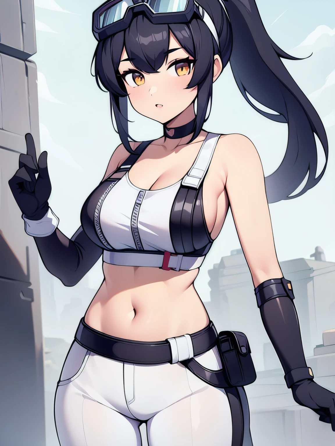 (masterpiece, best quality:1.2), 1girl, solo, Grace Howard, Grace Howard from Zenless Zone Zero, bare shoulders, black choker, black gloves, white gloves, black pants, black sports bra, elbow gloves, goggles on head, looking at viewer, low ponytail, medium breasts, midriff, navel, parted lips, white gloves, zipper, belt
