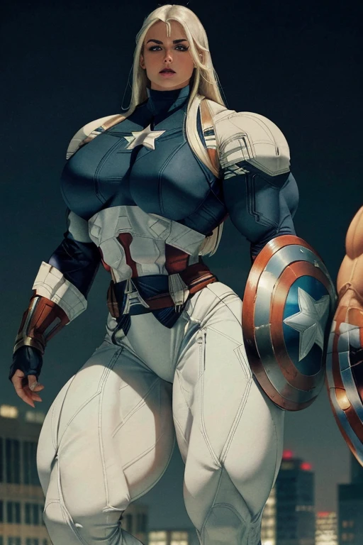 ((Close-up)), tall, (White hair) beautiful muscular woman, long straight hair, light brown skinned, closed smile, large breast, (black lipstick), (massive muscles), (hyper muscle), ((ginormous bulky muscles)), blue eyes, (((white captain America suit))), (Captain America pants), choker, boots, on a rooftop at night, 