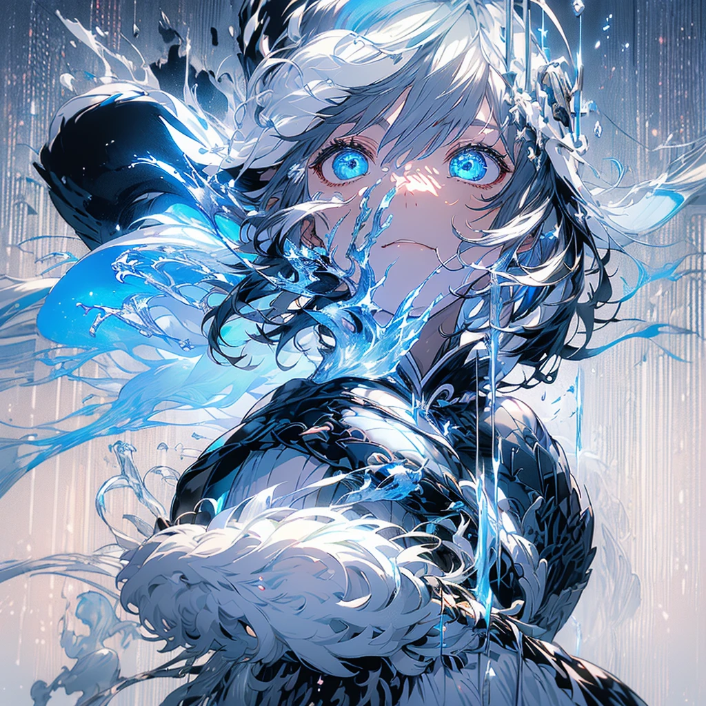 (A boy, with a long blue and white coat down to the feet, hooded with white fur edge, black and white pants,and white sneakers, white skin color, blue eyes and straight black hair.)