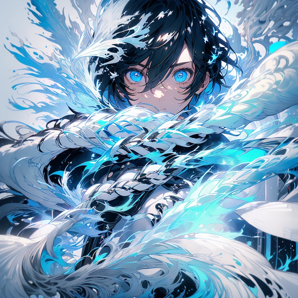 (A boy, with a long blue and white coat down to the feet, hooded with white fur edge, black and white pants,and white sneakers, white skin color, blue eyes and straight black hair.)