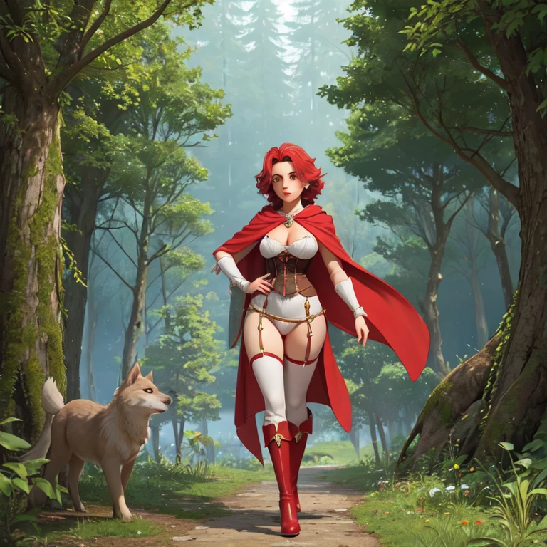 Mature - Huge tits - Cameltoe - nipples - vetements transparents - Version adulte et très sexy du Petit Chaperon Rouge aux formes généreuses. Elle avance vers la caméra en se dehanchant. Elle porte une cape rouge audacieuse et un ensemble révélateur, avec un corset en dentelle rouge et une jupe très courte en latex rouge révelant une culote en dentelle blanche avec cameltoe. Ses bottes montantes et son expression confiante ajoutent à son allure séduisante. Ses cheveux longs et bouclés tombent en cascade autour de son visage. A ses côtés, se tient un loup imposant et menaçant, qu'elle tient par le colier, regardant vers l'horizon. La posture protectrice attentive du loup contrastent avec son apparence féroce. Le loup porte un collier élégant pour symboliser sa domestication. L'arrière-plan est une forêt dense et mystique, avec des arbres anciens et une lumière tamisée qui filtre à travers le feuillage, créant une ambiance féerique. L'illustration doit être réalisée dans un style artistique détaillé et enchanteur, rappelant l'esthétique des contes de fées