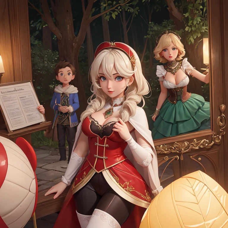 Mature - Huge tits - Cameltoe - nipples - vetements transparents - Version adulte et très sexy du Petit Chaperon Rouge aux formes généreuses. Elle avance vers la caméra en se dehanchant. Elle porte une cape rouge audacieuse et un ensemble révélateur, avec un corset en dentelle rouge et une jupe très courte en latex rouge révelant une culote en dentelle blanche avec cameltoe. Ses bottes montantes et son expression confiante ajoutent à son allure séduisante. Ses cheveux longs et bouclés tombent en cascade autour de son visage. A ses côtés, se tient un loup imposant et menaçant, qu'elle tient par le colier, regardant vers l'horizon. La posture protectrice attentive du loup contrastent avec son apparence féroce. Le loup porte un collier élégant pour symboliser sa domestication. L'arrière-plan est une forêt dense et mystique, avec des arbres anciens et une lumière tamisée qui filtre à travers le feuillage, créant une ambiance féerique. L'illustration doit être réalisée dans un style artistique détaillé et enchanteur, rappelant l'esthétique des contes de fées