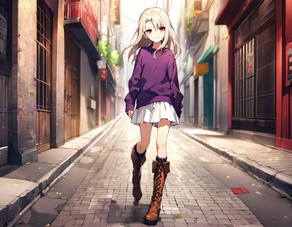 1girl(fate stay night, illyasviel von einzbern, cool, white long hair, red eyes, purple sweater, white skirt, leather boots, light smile), stroll