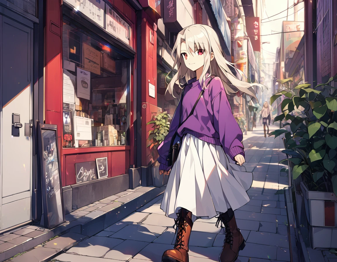 1girl(fate stay night, illyasviel von einzbern, cool, white long hair, red eyes, purple sweater, white skirt, leather boots, light smile), stroll
