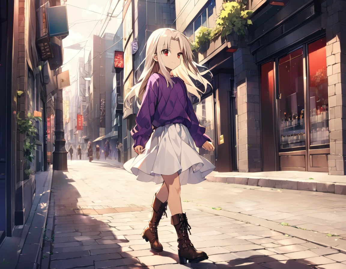 1girl(fate stay night, illyasviel von einzbern, cool, white long hair, red eyes, purple sweater, white skirt, leather boots, light smile), stroll