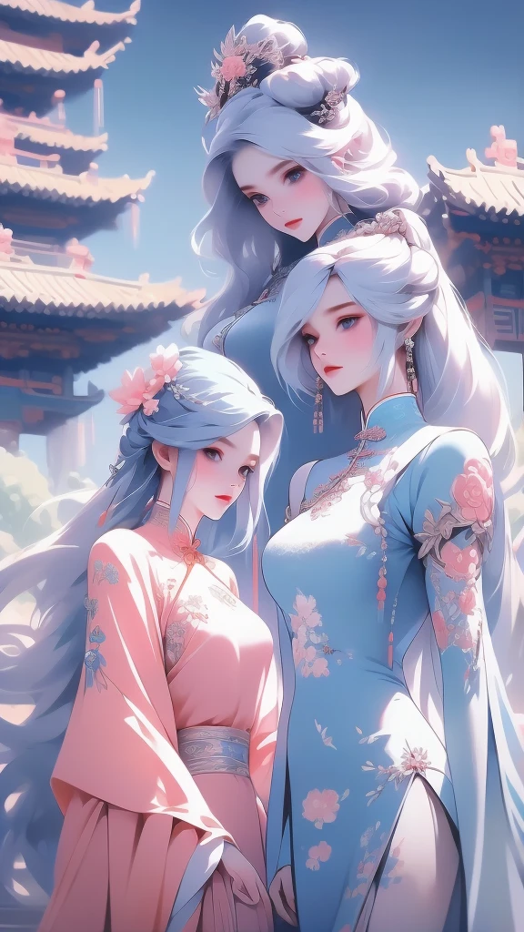 High quality image 8k resolution sky landscape blue space picture 2 beautiful girls with long light pink hair chinese fashion style behind the 2 girls is a colorful blooming garden honest clear every detail camera f2.4 resolution original camera frame f1.8 Ultra HD