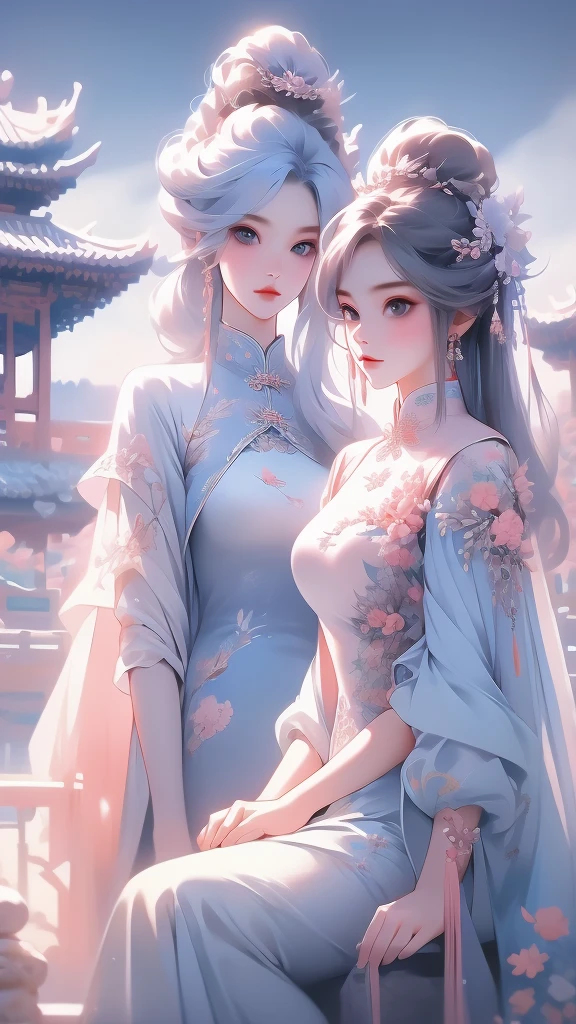 High quality image 8k resolution sky landscape blue space picture 2 beautiful girls with long light pink hair chinese fashion style behind the 2 girls is a colorful blooming garden honest clear every detail camera f2.4 resolution original camera frame f1.8 Ultra HD